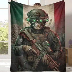 Mexican Special Forces Skull Flannel Blanket Tactical Aztec Warrior Print UltraSoft Lightweight Breathable Fabric Perfect For Camping Outdoors Living Room Sofa Comfort Or Military Enthusiast Gift Collection