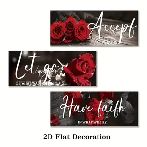 3-Piece Unframed Rose Wall Art Set, Inspirational Quotes Decor for Bedroom & Living Room, Romantic Floral Design, Valentine Wooden Sign Decoration, Valentines Decor