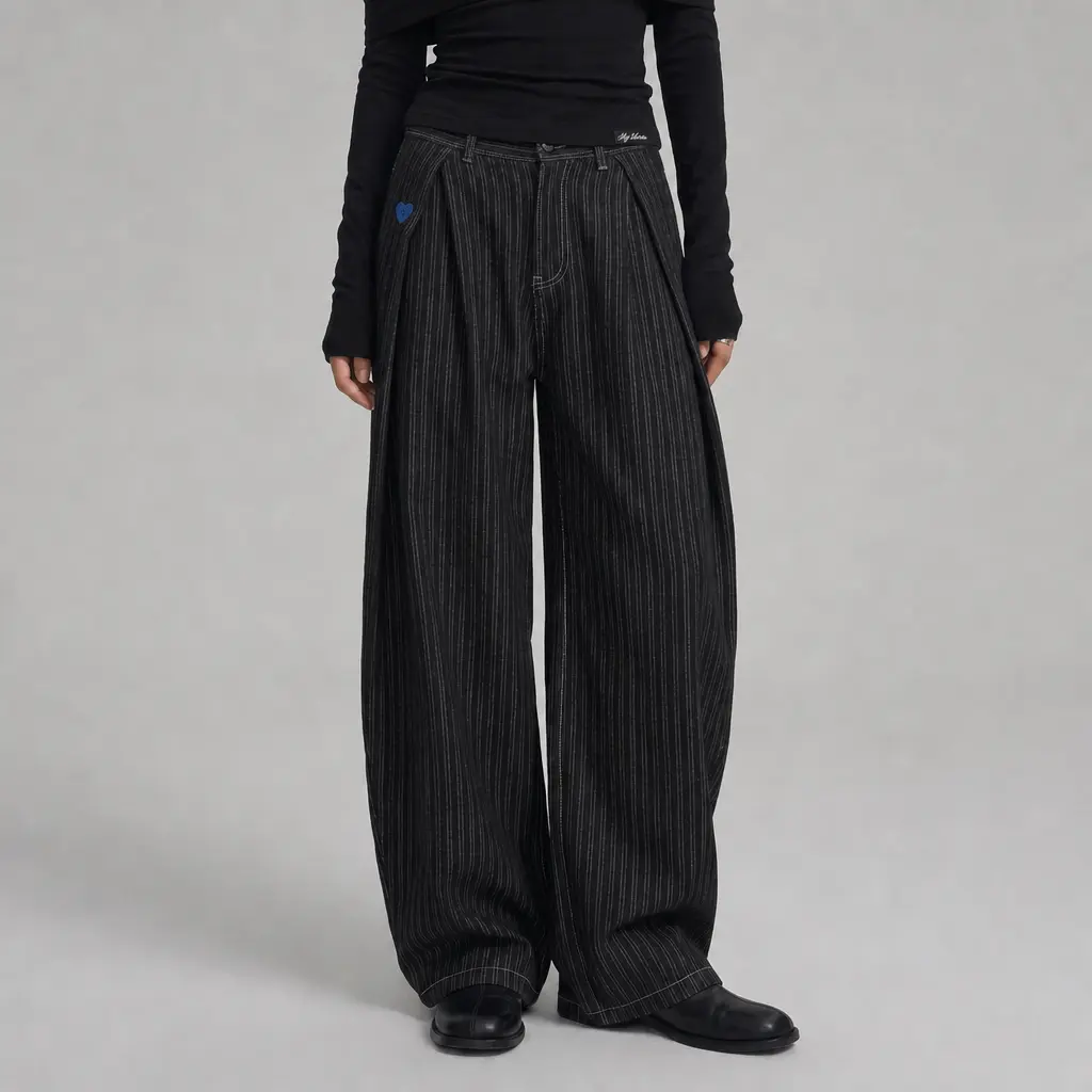 Aelfric Eden Men's High-Waist Pinstripe Baggy Barrel Jeans - Heavyweight Cotton-Polyester Blend, Pleated Waist, Embroidered Details, Casual Retro 2000s Streetwear, Unisex Fit Vintage Bottoms