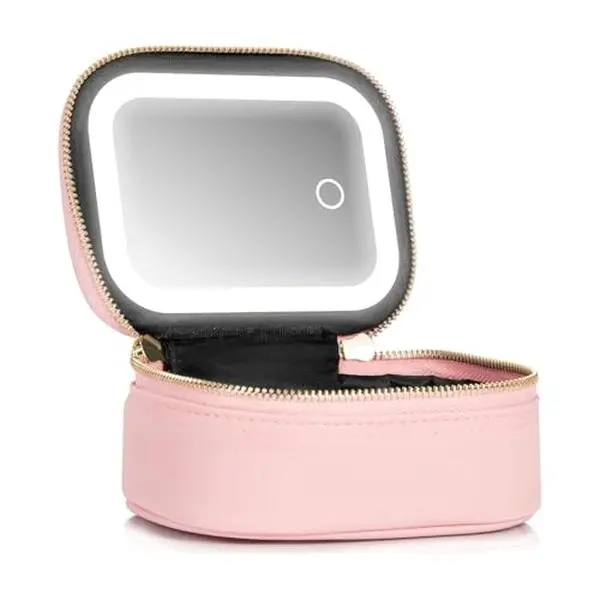 Mini Makeup Bag with Led Mirror, Small Travel Make up Bag 3 Light Modes Adjustable Brightness, for Women Organizer Cosmetic Bag, Portable Travel Train Toiletry Bag, for Pool Parties Work Touch-Ups