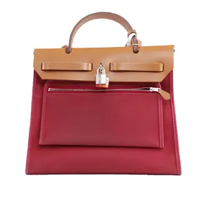 Pre-owned HERMÈS Leather Shoulder Bags Herbag Zip 31 Red Canvas & Brown Shoulder Bag