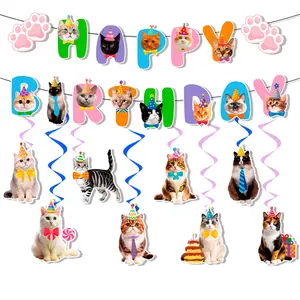 Cat Birthday Party Decorations, 9 Pcs Cat Birthday Decorations - Cat Themed Birthday Banner Balloon & Cat Swirl Decorations for Cat Themed Birthday Party Supplies