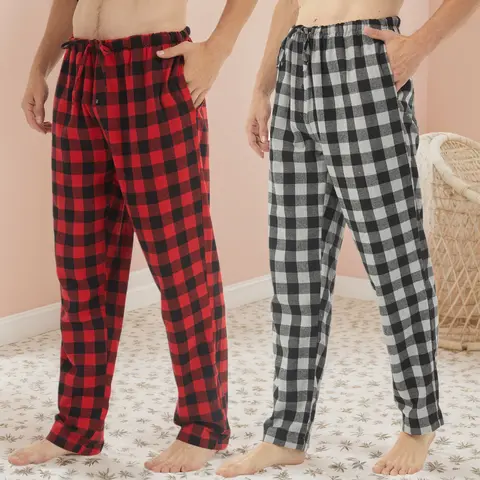 Men's 2-Pack Cotton Basic Flannel Thermal Plaid Checked Pajama Pants Boxed Set - Drawstring Waist, Soft Cozy Fabric, Side Pockets, Button Closure, Nightwear Jogging Loungewear Bottoms, Plaid Checked Men's Pajamas Bottoms