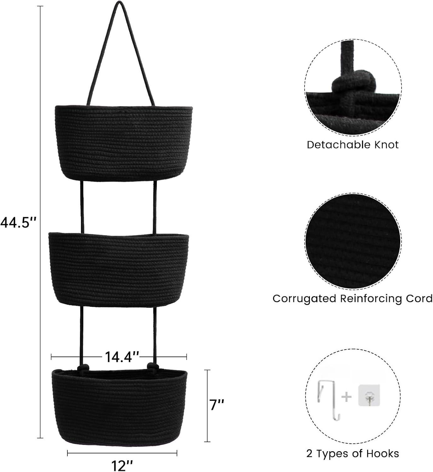 14in 3-Tier Woven Cotton Over-The-Door Hanging Basket Organizer with Handles, Multifunctional Storage for Bathroom Beauty Essentials, Closet Organization, Room Storage