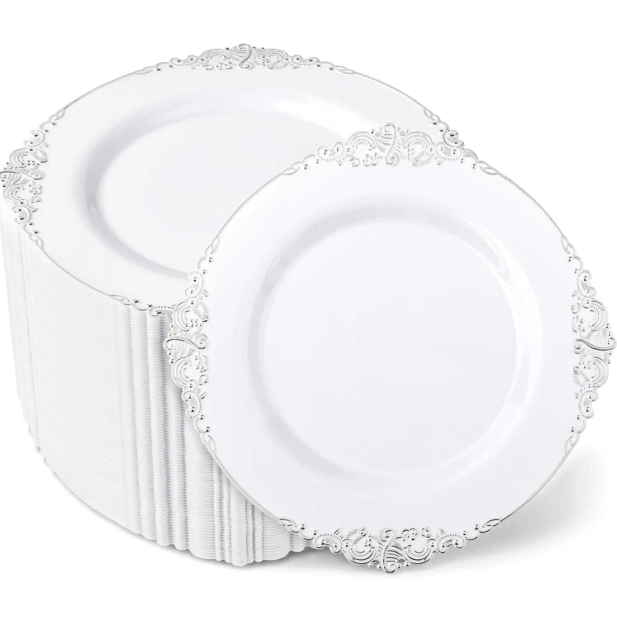 100Pcs 7.5 Inch White Silver Rim Disposable Dessert Plates, Heavy Duty Elegant Plastic Salad Appetizer Plates for Wedding Birthday Holiday Parties