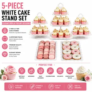 5-Piece White Cake Stand Set – Includes 3-Tier & 2-Tier Cupcake Stands, Appetizer Trays for Wedding, Birthday & Baby Shower Party Decorations