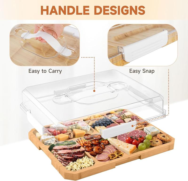 Portable Charcuterie Board with Lid, Build-A-Board Bamboo Cutting Board with Clear Locking Lid and White Handles, Travel Portable Chauratri Board For Cheese Kitchen Chopping,11x14 Inch 6 Compartment,House Warming Gifts for Women,Travel Friendly House