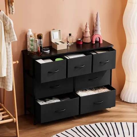 SweetFurniture 7-Drawer Modern Drawers Cabinet - Wood Top, Fabric Slide-Outs for Bedding & Linen, Adjustable Feet, Breathable Fiber, Quick Setup, Space Saver Adults Bedroom Dresser (Entryway Storage Cabinets Use)