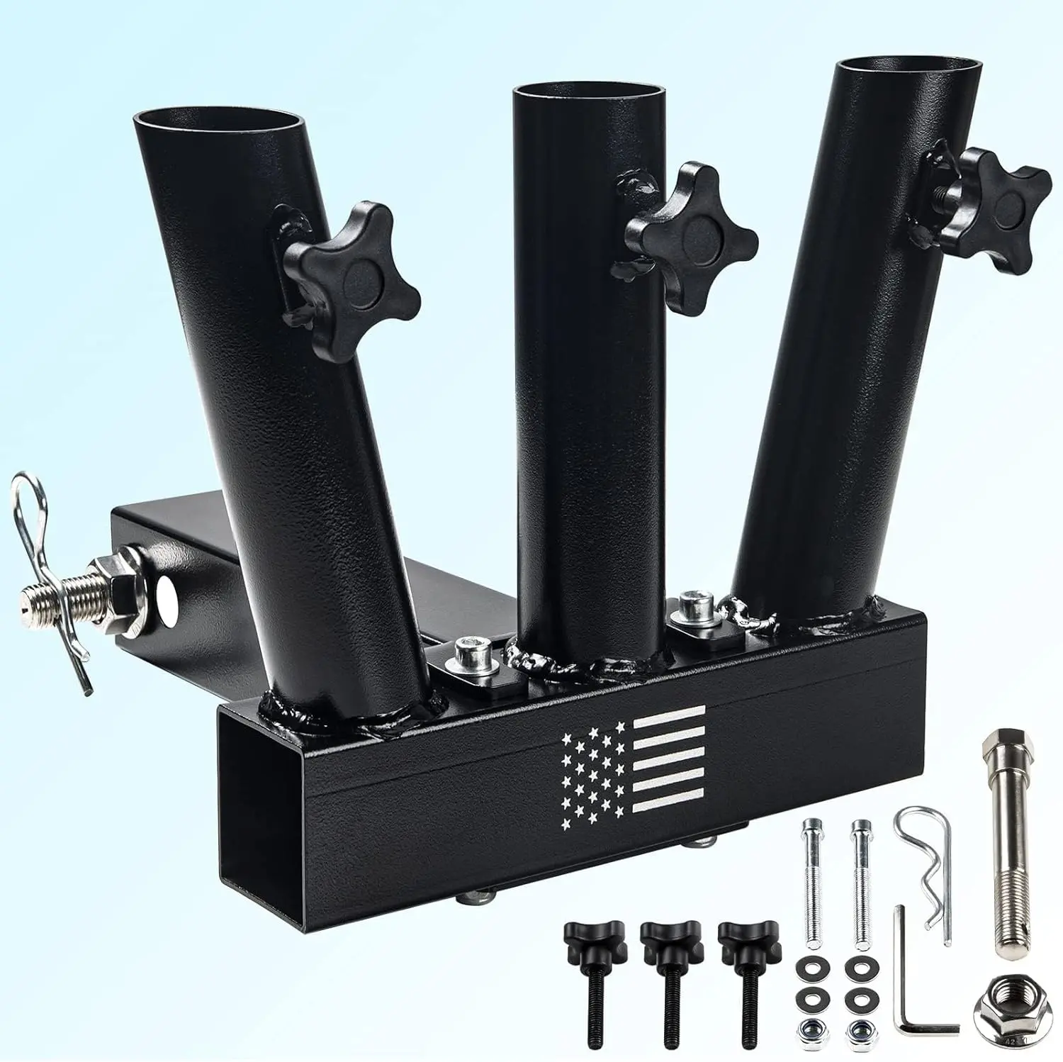 Triple Hitch Flag Pole Holder, Heavy Duty Metal Flag Pole Mount Kit for Standard 2" Receivers, US Hitch Flag Pole Holder for Truck RV Jeep SUV Pickup Camper Trailer, (Black, 3 Flagpoles)