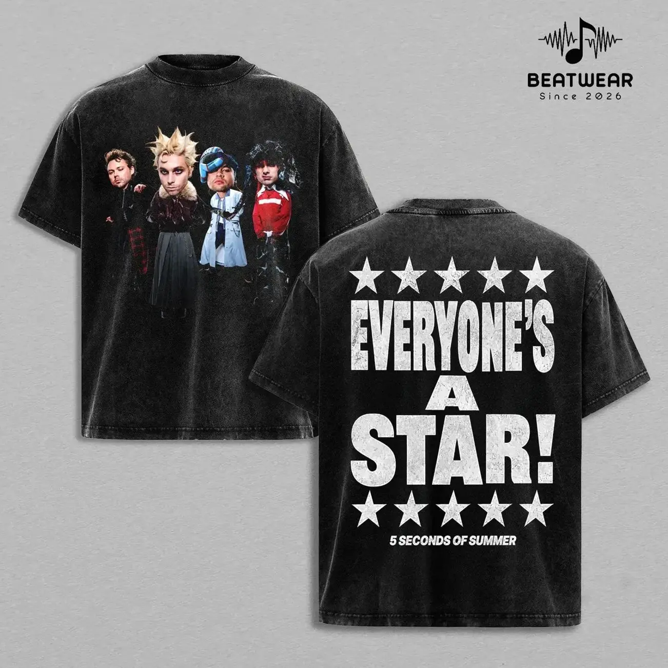 5 Seconds Of Summer Band Vintage Heavy Washed Shirt EVERYONE’S A STAR! 5SOS World Tour 2026 Men's T-shirt Unisex Oversize Rock Pop-rock Band Cotton Gift For Rock Music Lovers Y2K Outfits Vintage 90s Graphic OHW