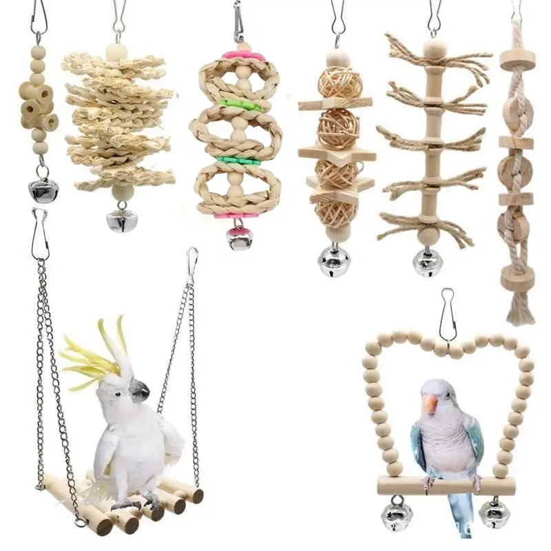8pcs Wood Bird Swing Toy Set, Durable Parrot Perch Hammock & Climbing Ladder for Budgie, Parakeet, Conure, Cockatiel, Finch, Lovebird, Bird Perches For Cage