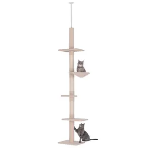 102" Adjustable Height Floor to Ceiling Cat Tree, 5 Level Cat Tower with Scratching Posts, Hammock, Beige