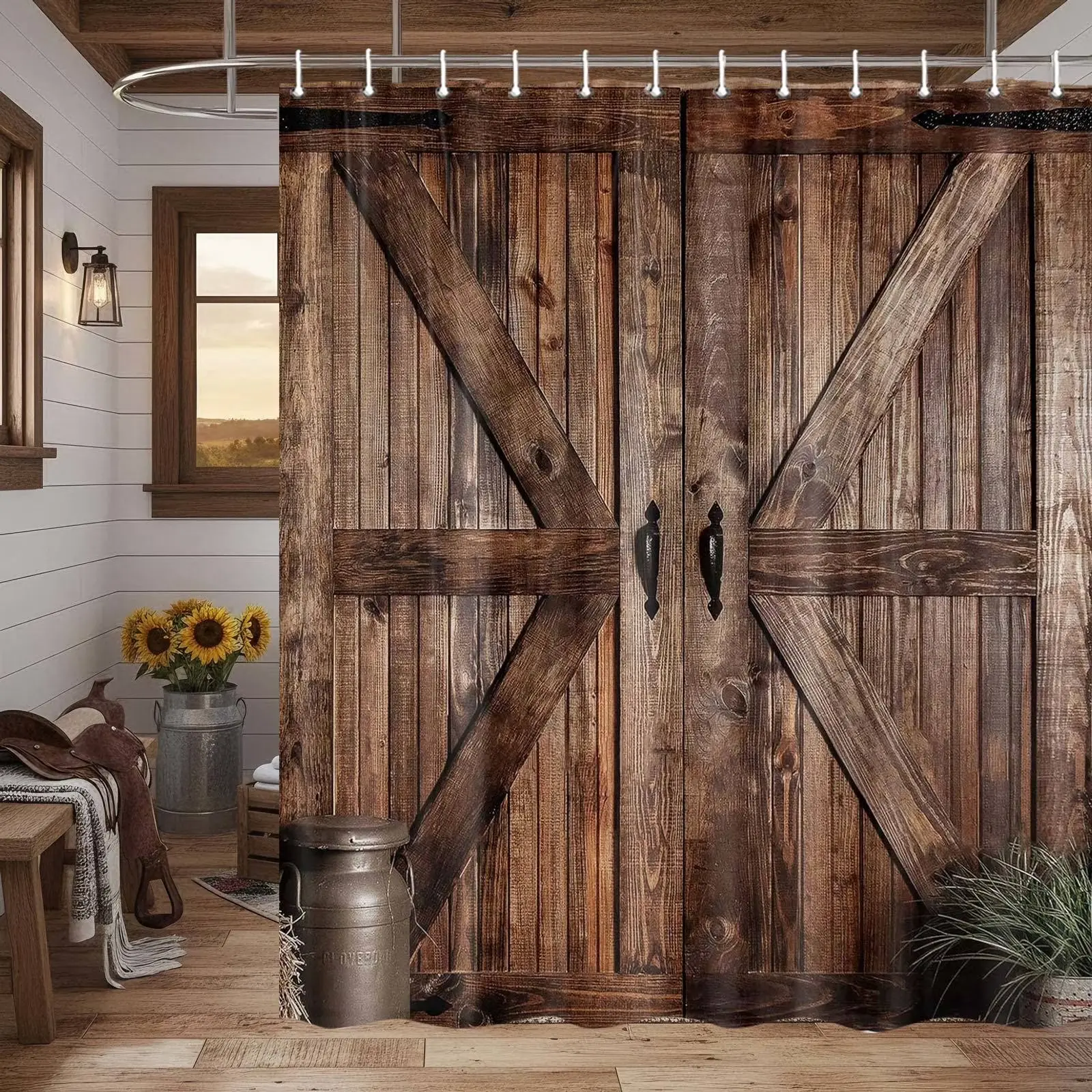 Rustic Barn Door Shower Curtain Set for Bathroom, Farmhouse Arts Bathroon Decor Curtains, Vintage Countryside Wood Board Waterproof Fabric Bath Curtains Western Home Decor with Hooks