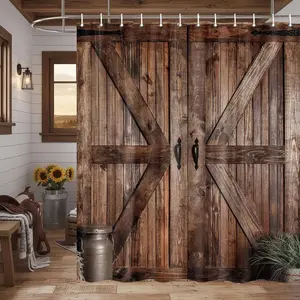 Rustic Barn Door Shower Curtain Set for Bathroom, Farmhouse Arts Bathroon Decor Curtains, Vintage Countryside Wood Board Waterproof Fabric Bath Curtains Western Home Decor with Hooks