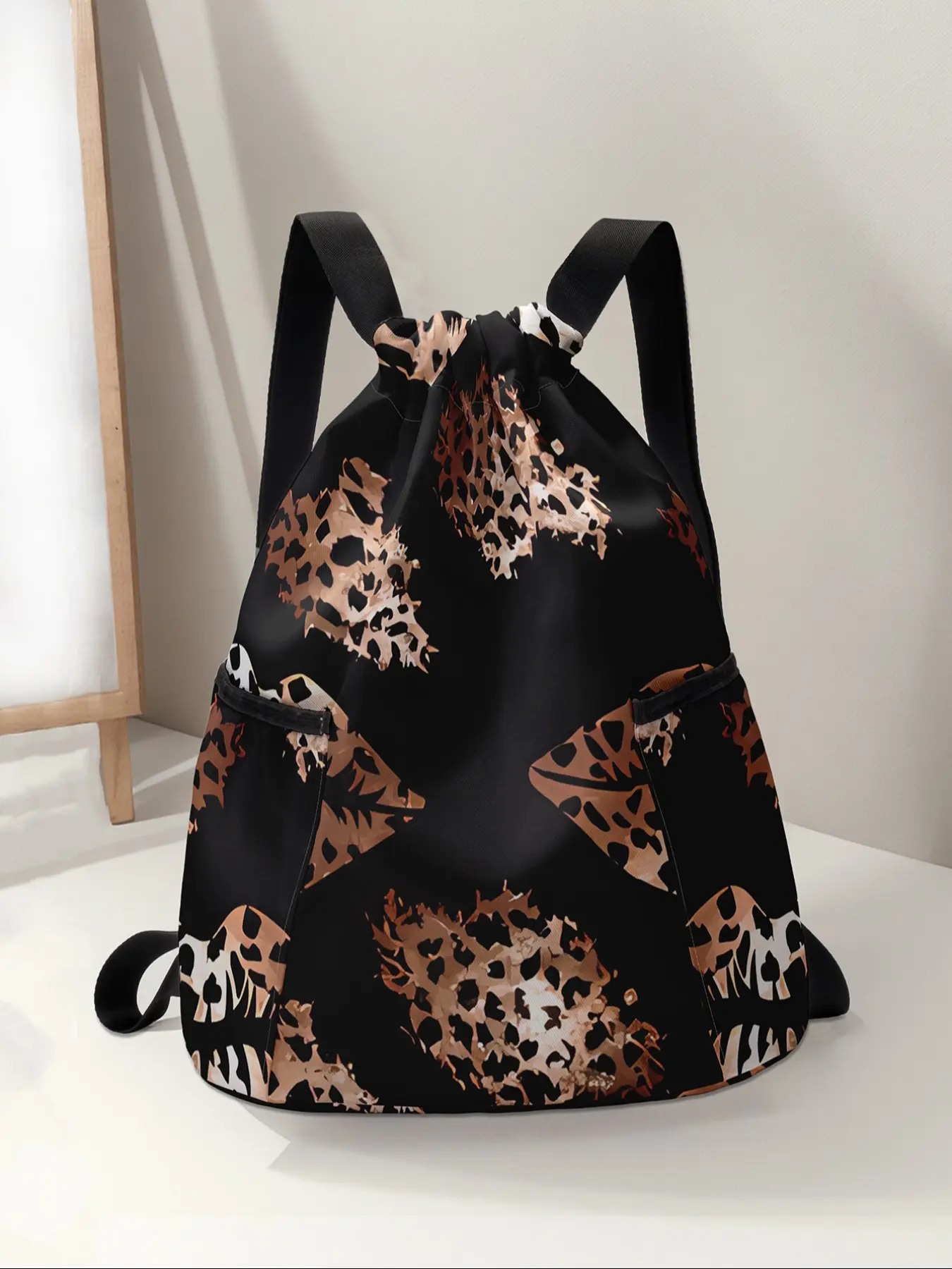 Leopard Print Drawstring Backpack, Large Capacity Durable Gym Bag, Adjustable Shoulder Straps, Casual Travel Hiking Camping Bag