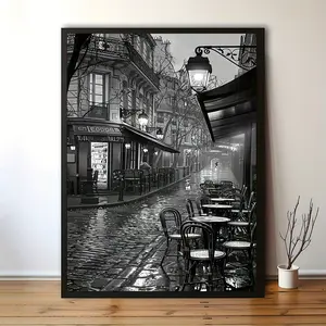 [Parisian Street Poster] Vintage Black and White Parisian Street Poster - Frameless Art Print with Eiffel Tower & Cobblestone Pathway, Ideal for Home, Bedroom, Kitchen, Living Room, Bathroom, Hotel Decor, Indoor/Outdoor Use, Living Room Decor
