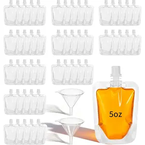 100 Pcs 5 oz Reusable Plastic Drink Pouches Bulk with Funnel, Leakproof Squeeze Clear Spouted Food Grade Drinking Bags for Juice Liquid Travel