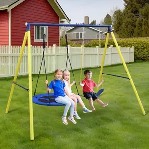 440lb Saucer Swing with A-Frame for Kids Backyard/Outdoor, Swing Set with Heavy-Duty Metal Swing Frame and Adjustable Ropes, 1 Saucer Swing Seat & 1 Swings Seat