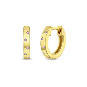 Staggered CZ Gems 9mm Pink Kids / Children's / Girls Earrings Hoop/Huggie Safety Latch - 14k Gold Over Sterling Silver
