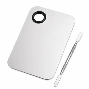 Stainless Steel Makeup Mixing Palette with Thumb Ring & Dual-Ended Spatula – Professional Cosmetic Foundation Blending Plate, Easy Clean Beauty Tool for Makeup Artists