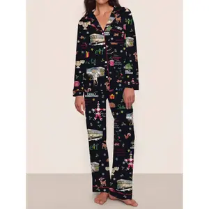 Christmas Black Satin Pajamas Set Women's Christmas Pajama Set, Elegant Long Sleeve Top & Pants, Home Wear, Fall Winter, Pjs Party, Clark Christmas