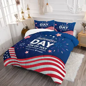 2/3PCS 4th of July Independence Day Comforter Set, Patriotic American Flag Quilt, Soft Microfiber Bedding Set with Pillowcase, Star & Fireworks Print Bed Set, USA Holiday Bedroom & Dorm Decor