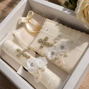 FREE Shipping, Baptism Candle Set – Traditional Rosary, New Testament & Decorative Elements in White Box for Boys, Girl, (English & Spanish)