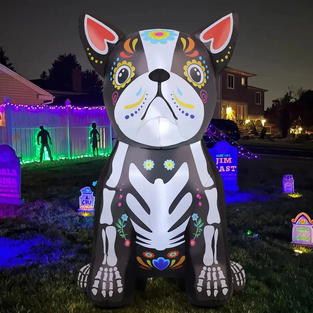 5 FT Halloween Inflatables Skeleton Dog Outdoor Decorations Day of The Dead Bulldog Blow Up Yard with LED Lights for Party Garden Lawn Decor