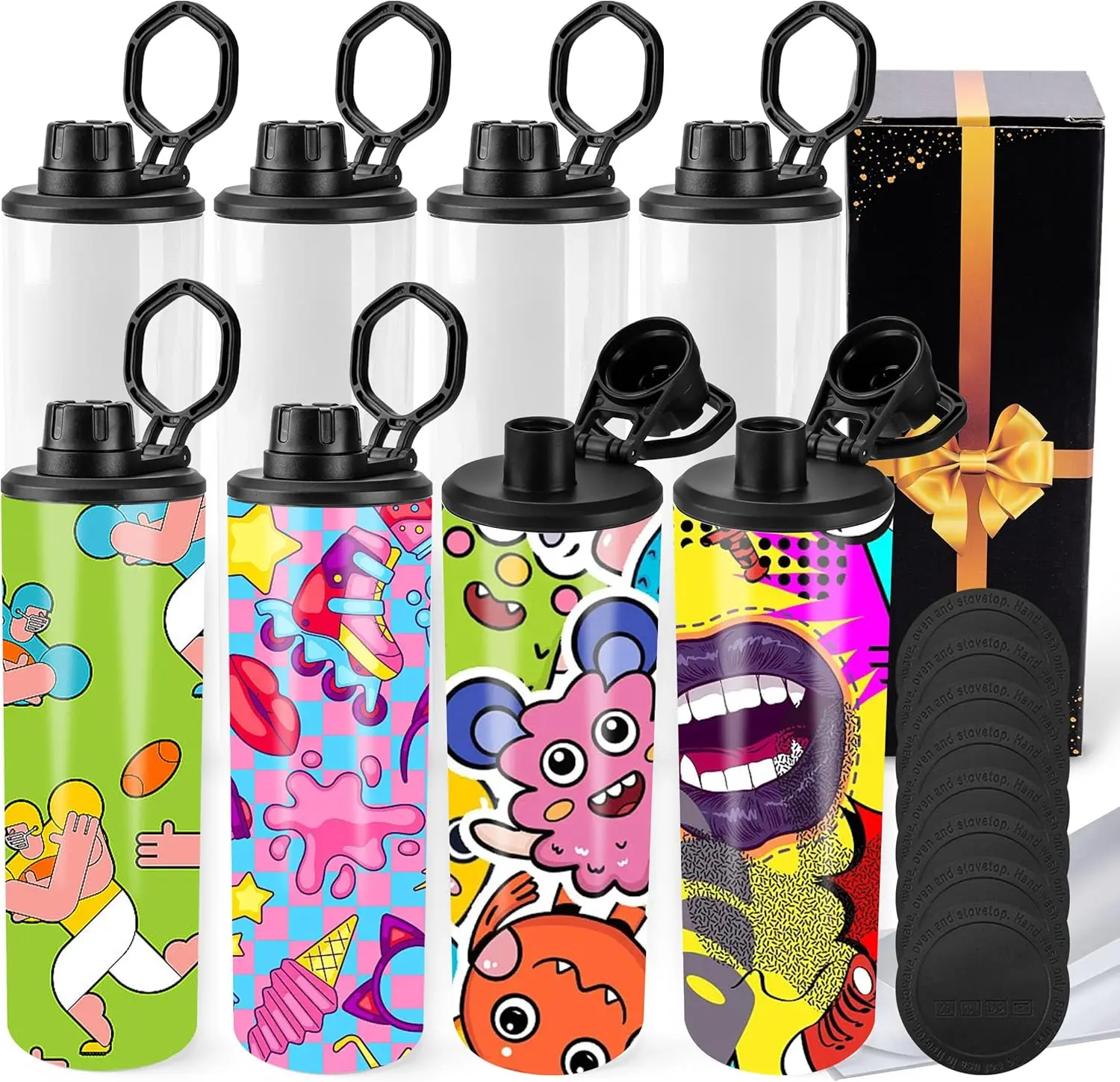 Joyclub 8-Pack 20 oz Customized Printed Shaped Sublimation Water Bottle Blanks Set - Skinny Straight Stainless Steel Tumblers with Handles, Leak-Proof Anti-Scalding 500-1000 ml Bulk Drinkware for Adults, Graduation Gifts