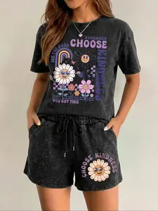 Women's Casual Two-Piece Set, Sunflower Print Short Sleeve Shorts, Vintage Street Fashion, Perfect for Holidays, Travel, Beach, Surfing