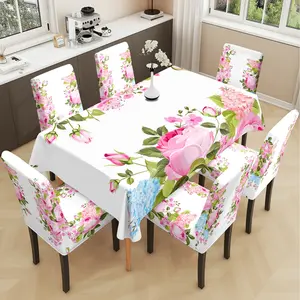 2/5/7PCS restaurant chair tablecloth cover, fresh and beautiful pink flower pattern print, elastic polyester fiber sliding cover, sewn closed, detachable cleaning, suitable for home, office, hotel chair decoration, Dining Chair Cover