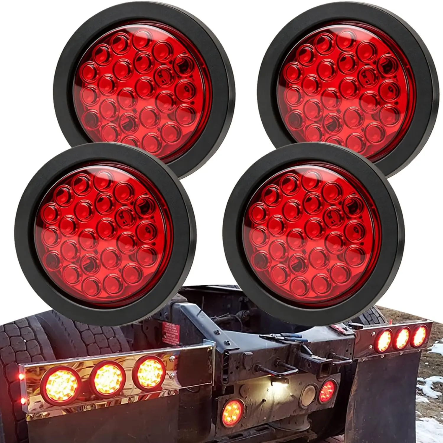 4Inch Round LED Trailer Lights - 4 PCS 24 High-Output LED Red Tail Lights, Waterproof Sealed Flush Mount with Grommets & 3-Prong Pigtails - Stop/Turn/Brake Lights for Trucks RV Boat UTE UTV 12V