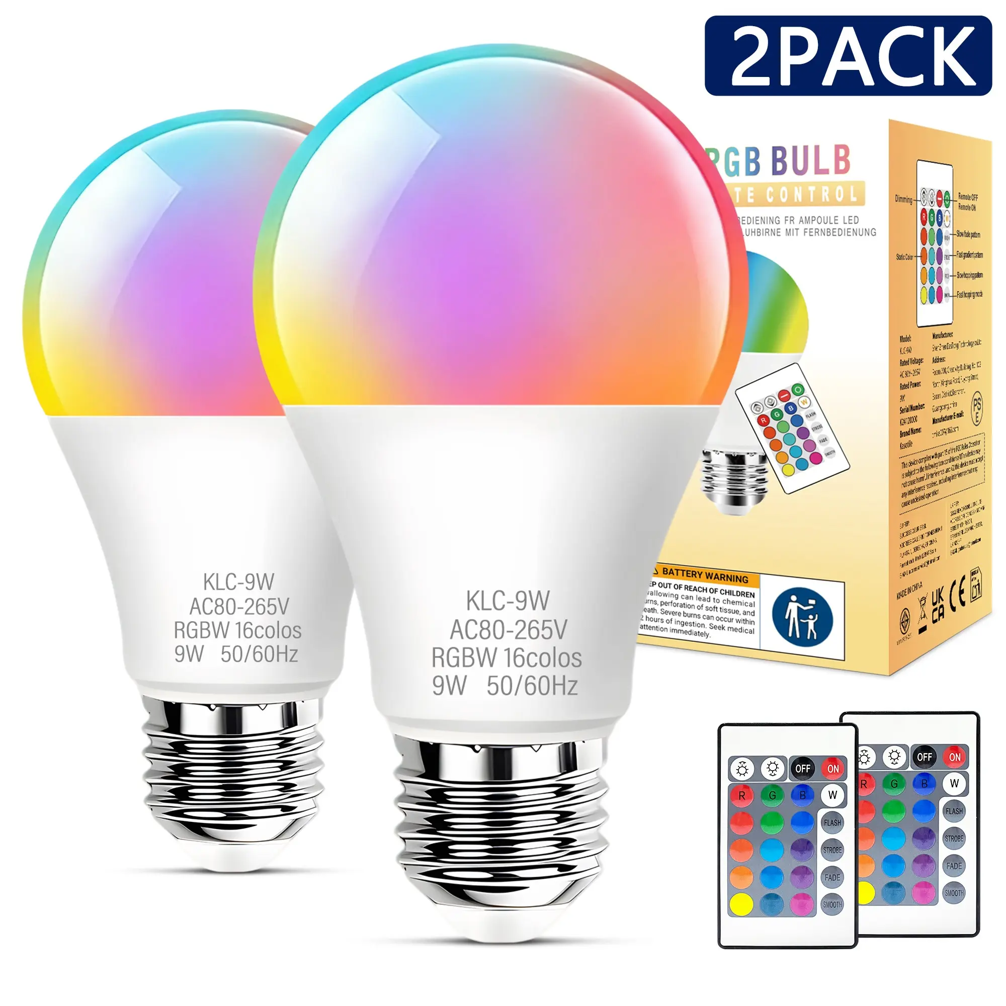 Kasotile RGB LED Bulb with Remote Control, E27/e26 Base, 16 Colors Adjustable, Indoor Holiday Party Lighting, Energy Efficient, Adjustable Brightness Led