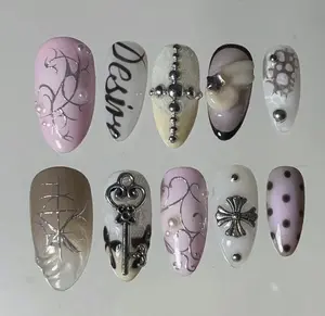 Coquette Gothic Press On Nail Box, Pink Chrome Cross & Key Charm Nails, Y2K Princess Aesthetic Luxury Nail Set