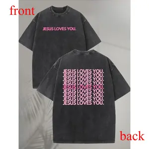 Unisex 230GSM Washed T-Shirt - "Jesus Loves You" Religious Pattern,  Double-Sided Print, Crew Neck Church/Casual Wear Machine Washable Gift