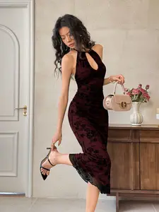 Halter Midi Dress: Elegant Sleeveless Bodycon for Women's Summer Outfits & Parties, Flattering Slim Fit, Halter Neckline, Backless Detail, Medium Stretch Knitted Fabric, Multicolor, Formal & Evening Wear