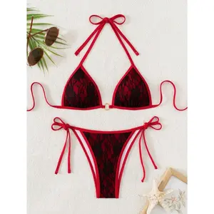 SwimWomen's2025VacationBeachLaceHalterTieSexyBikiniSetSummer