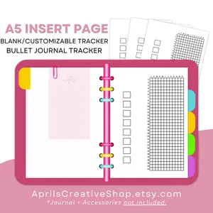 A5 Blank Tracker Insert Printed on Premium 80lb Cardstock 5.83 x 8.27" with 6-Hole Punch for A5 Binders Fully Customizable Yearly Grid