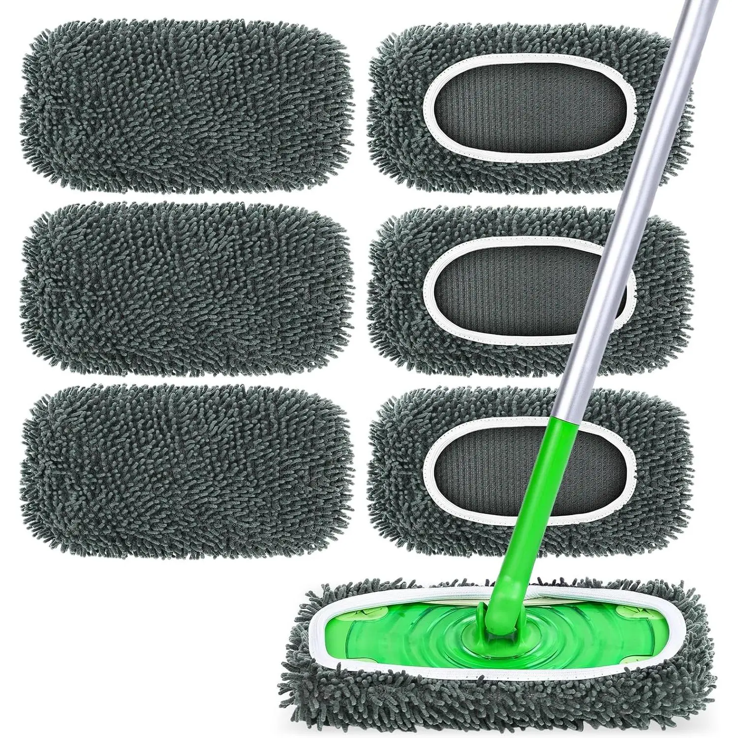 6-Pack Washable Reusable Microfiber Mop Pads, Swiffer Sweeper Compatible Refills - Washable Pads for Multi-Surface, Hardwood Floor Dry & Wet Cleaning, Grey