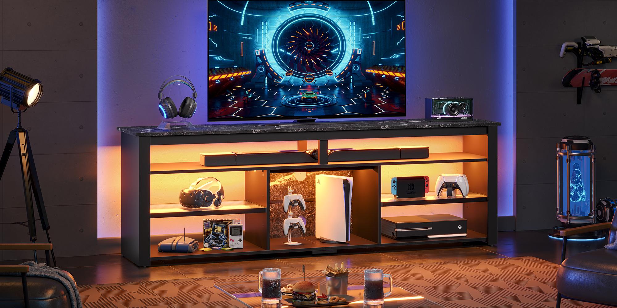 Bestier High Gloss LED TV Stand (67/70in) - Furniture with Storage Drawer, Modern RGB Media Console, Water Ripple Acrylic Side Panels, Remote Color-Changing Lights, Fits Up to 75in TV for Living Room, Apartment & Gaming Room Supplies, Room Decor, House Fu