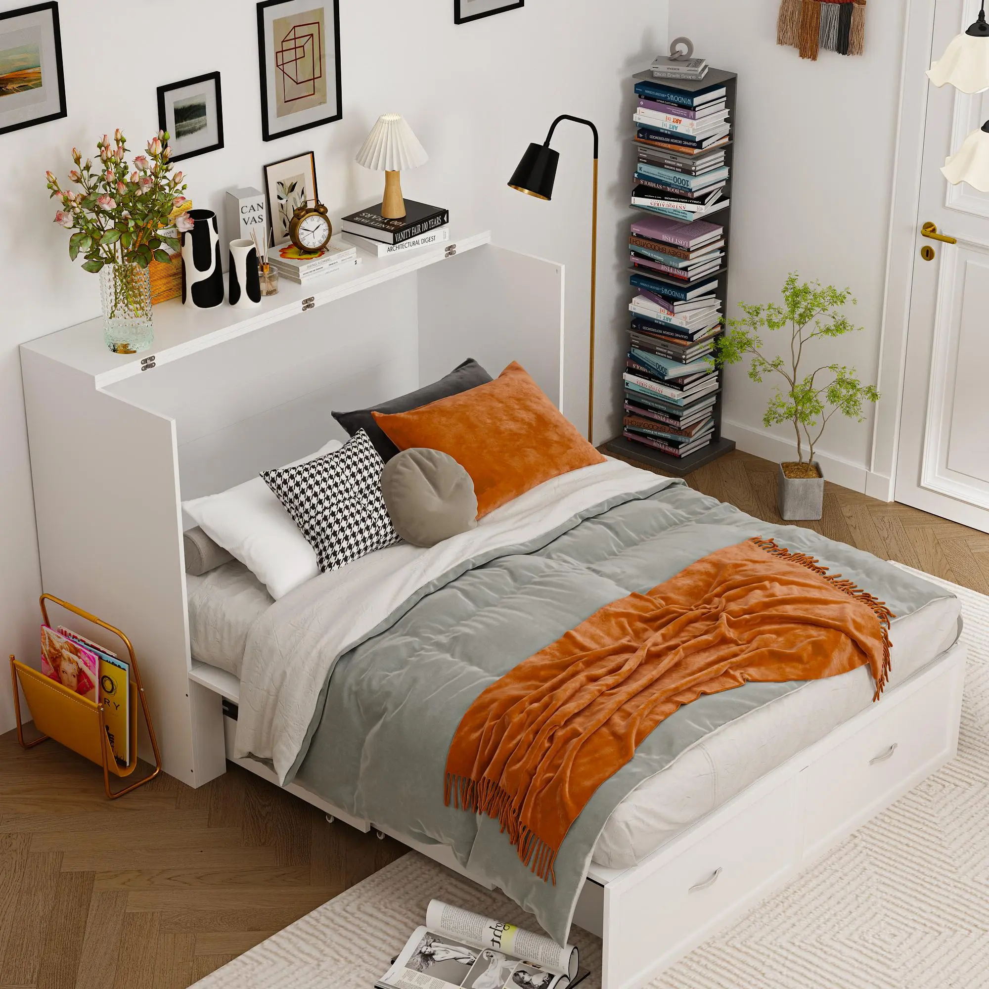 FUFU&GAGA Murphy Bed Chest, Fold Out Murphy Bed Cabinet, Built-in Charging Station and Storage Drawer, White