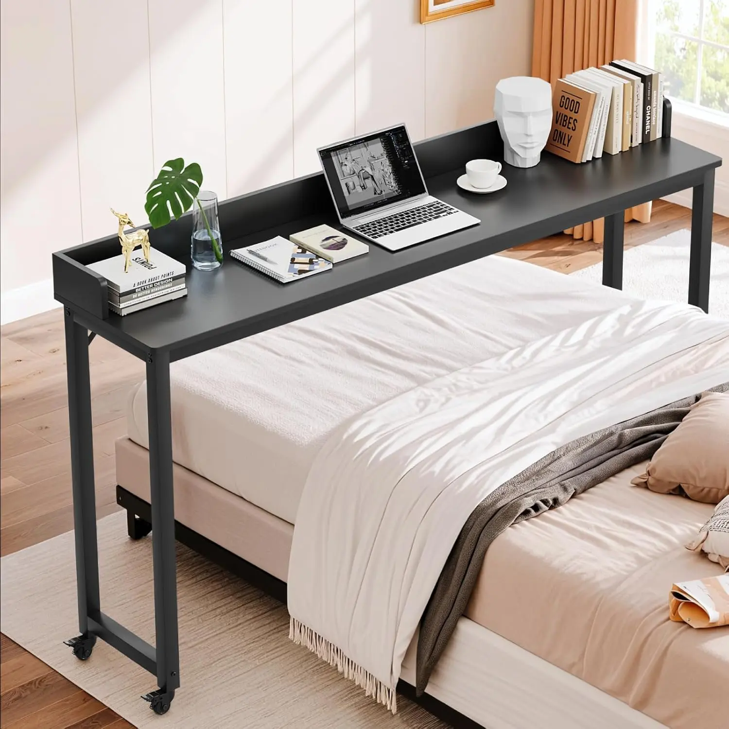 Arlopu Overbed Table with 360° Wheels, Queen Size Mobile Bed Desk with Heavy Duty Metal Leg, Sturdy Laptop Cart & Dining Table for Bedroom, Living Room, Hospital Use summerwins