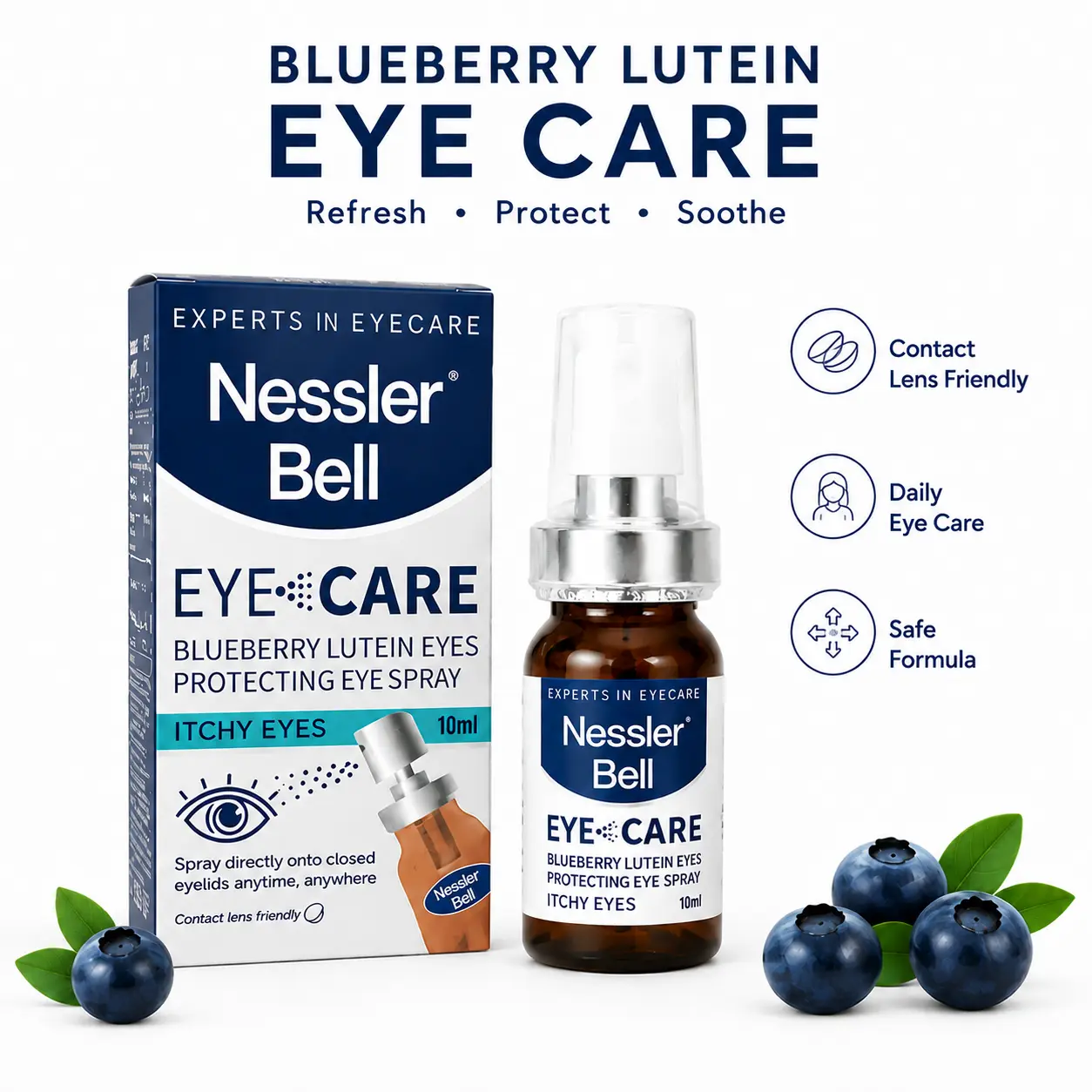 Blueberry Lutein Eye Care Spray, Moisturizing Eye Mist for Dry Tired Eyes, Refreshing Soothing Eye Spray, Ultra Fine Mist Hydrating Eye Care for Screen Time, Portable 10ml, Contact Lens Friendly anti-eye fatigue