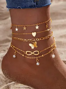 Elegant Women's Anklet Set, Dainty Layered Anklet, Butterfly & Heart & Star & Infinity Symbols, Faux Pearl Decor, Perfect for Parties & Gifts, Trendy Jewellery Accessories, Foot Jewelry