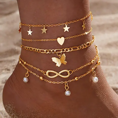 Elegant Women's Anklet Set, Dainty Layered Anklet, Butterfly & Heart & Star & Infinity Symbols, Faux Pearl Decor, Perfect for Parties & Gifts, Trendy Jewellery Accessories, Foot Jewelry, Fashion Chic Accessories, Fashionable Jewelry Accessories