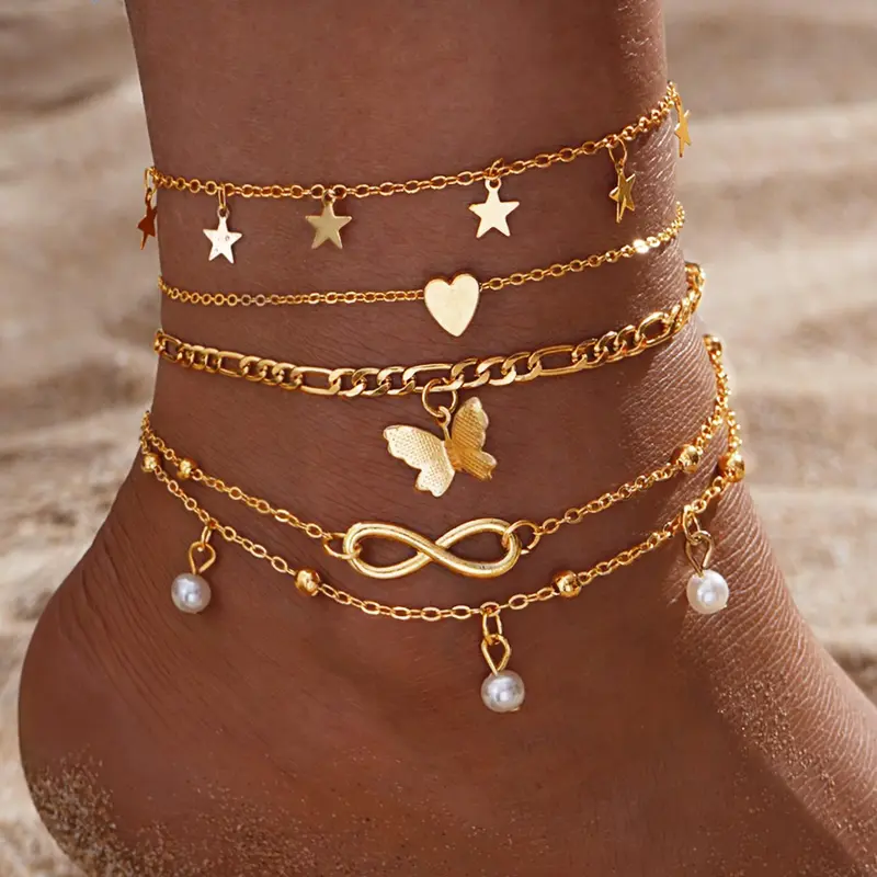 Elegant Women's Anklet Set, Dainty Layered Anklet, Butterfly & Heart & Star & Infinity Symbols, Faux Pearl Decor, Perfect for Parties & Gifts, Trendy Jewellery Accessories, Foot Jewelry, Fashion Chic Accessories, Fashionable Jewelry Accessories