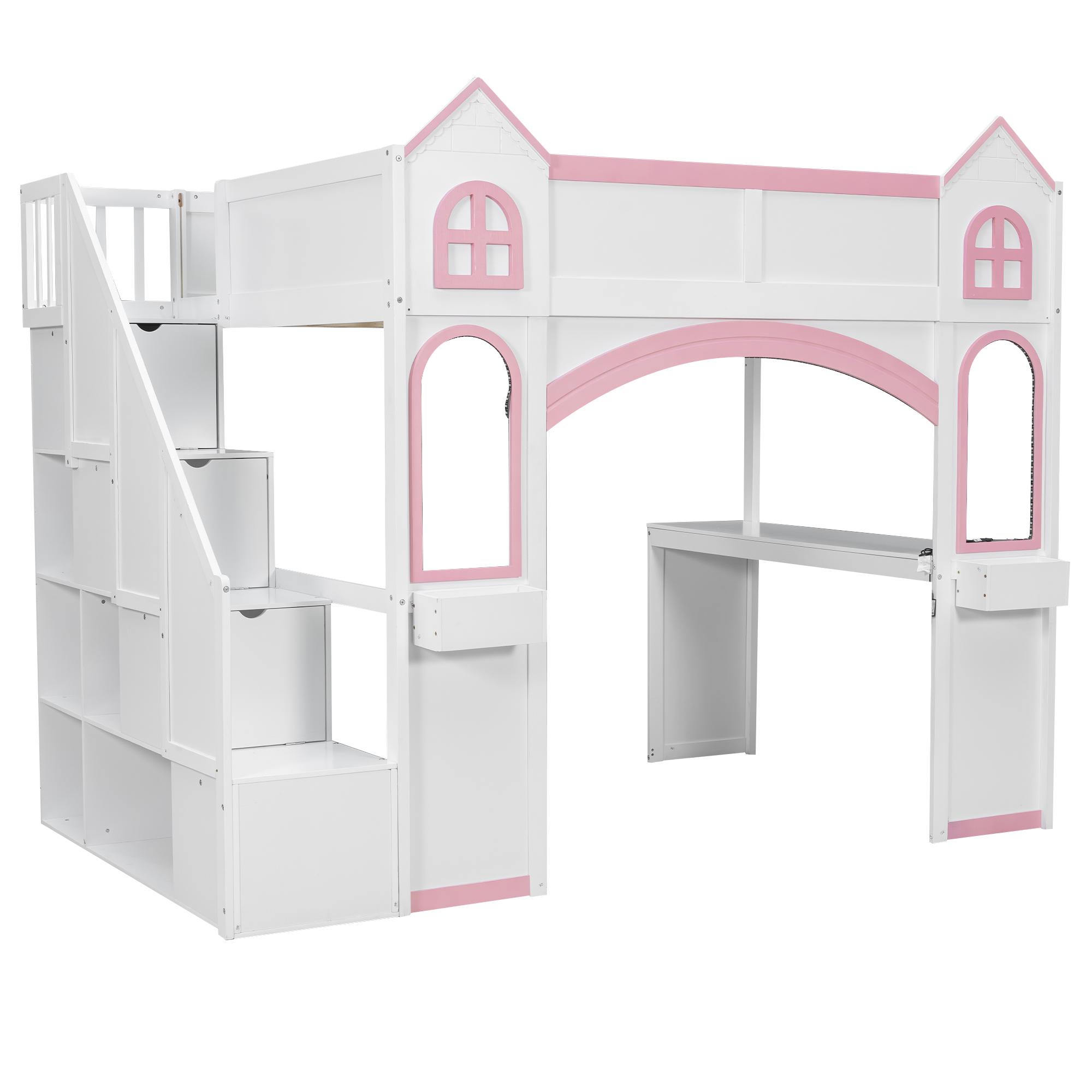 Full Size Loft Bed Frame with Storage Staircase and LED Light, Wood Castle Full Loft Bed Frame with Desk, Windows & Shelves for Kids, Teens, Boys or Girls, Montessori Bed, Pink Full Size Loft Bed Frame with Storage Staircase and LED Light, Wood Castle Full Loft Bed Frame with Desk, Windows & Shelves for Kids, Teens, Boys or Girls, Montessori Bed, Pink