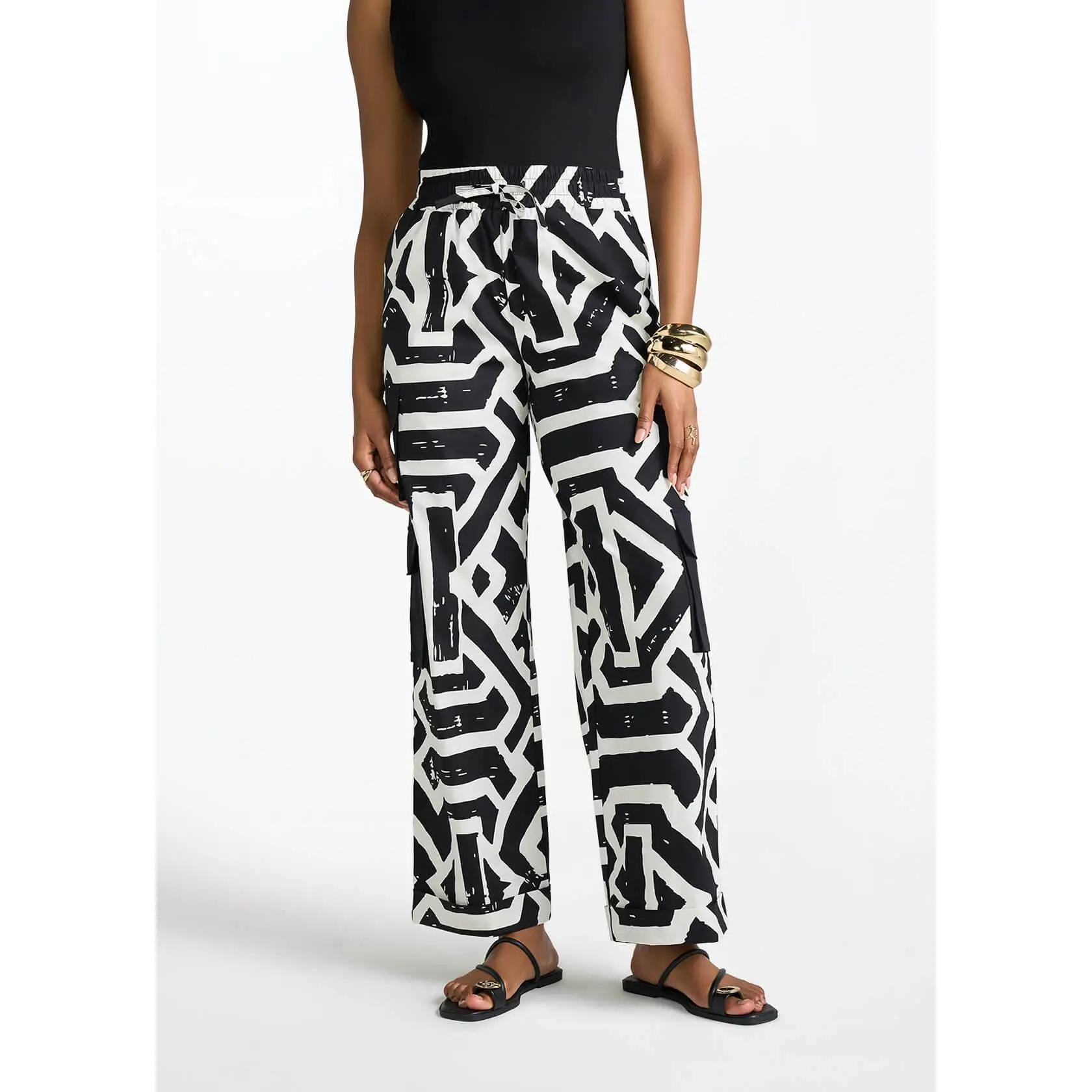 Ayoka Women's African Print Twill Cargo Pants (Onyx Cream Tribal)