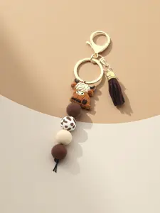 Highland Cow Silicone Beaded Trendy Cute Keychain with Tassel, Cute Cartoon Punk Style, Animal Theme, Lobster Clasp, Ideal Gift for Friends