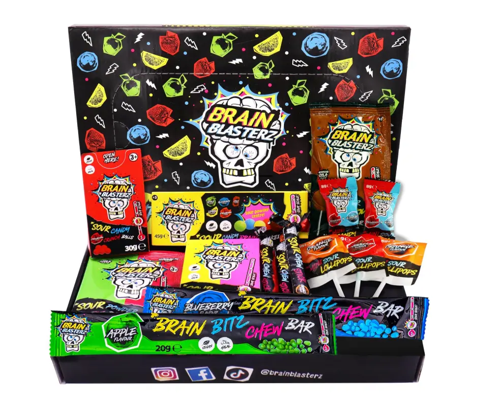 TREAT Sour Candy Variety Pack, Vegan Candy, Sour Chew Bar, Halal Candy, Sour Candy Gift Box w/ 15 pcs (13oz), Unique Candy Variety Pack, Lollipop, Sour Powder, Taffy, Halloween Candy